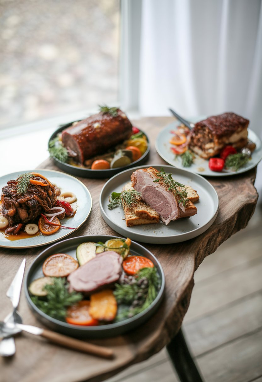 A festive spread of five different Christmas lunch dishes arranged on a rustic surface, featuring roasted meats, vegetables, and garnishes.