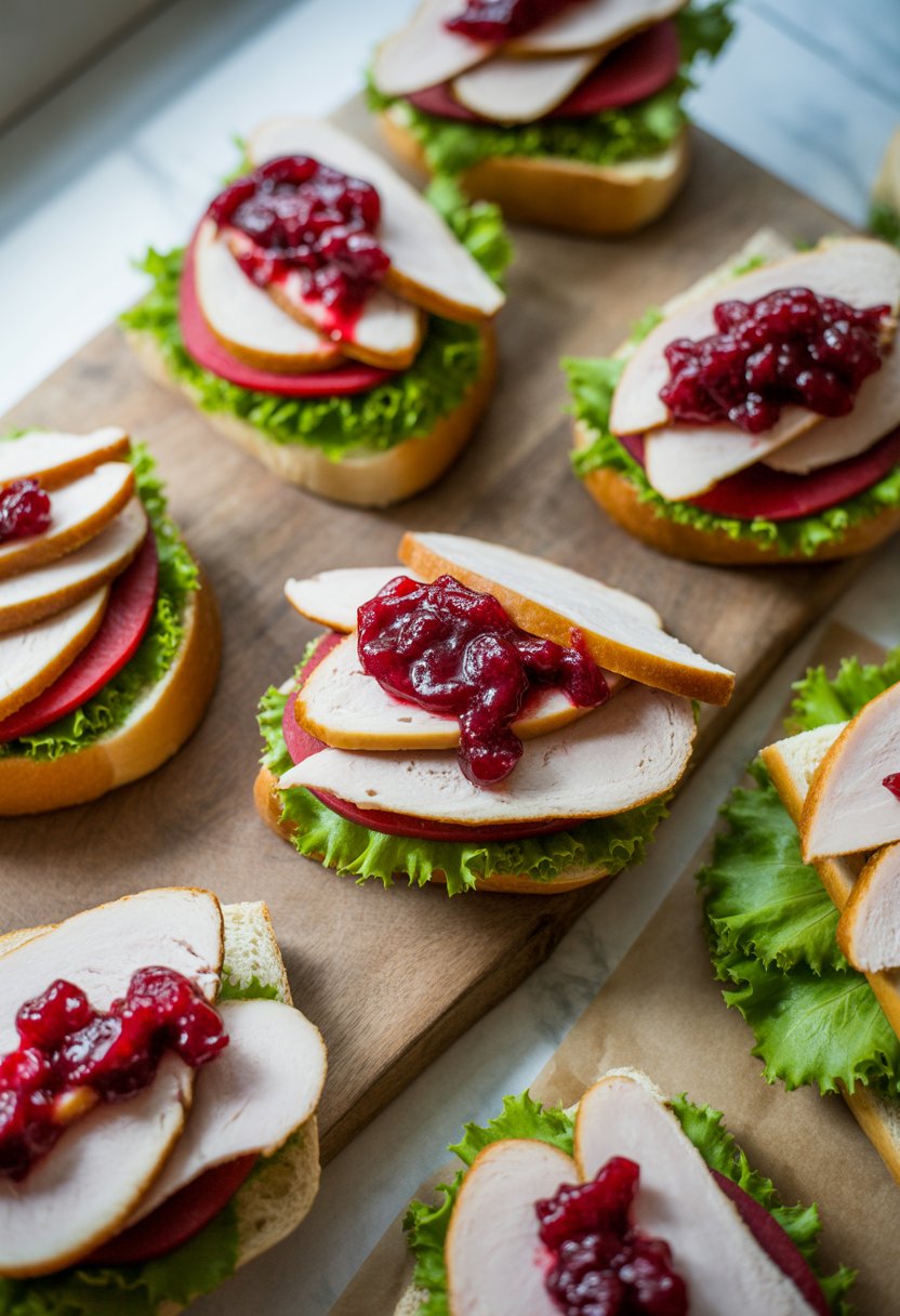 Close-up of turkey and cranberry sandwiches with fresh lettuce and cranberry sauce on a rustic surface.