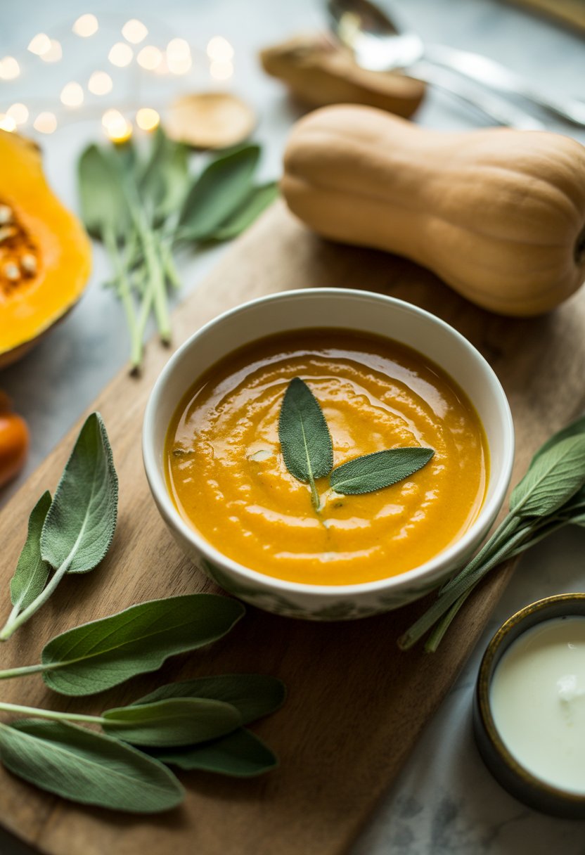A bowl of creamy butternut squash soup garnished with sage on a rustic wooden surface, surrounded by fresh ingredients.