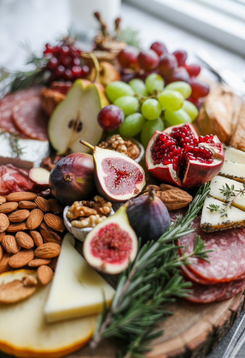 A charcuterie board with seasonal fruits, nuts, cured meats, and cheeses arranged on a rustic wooden surface.