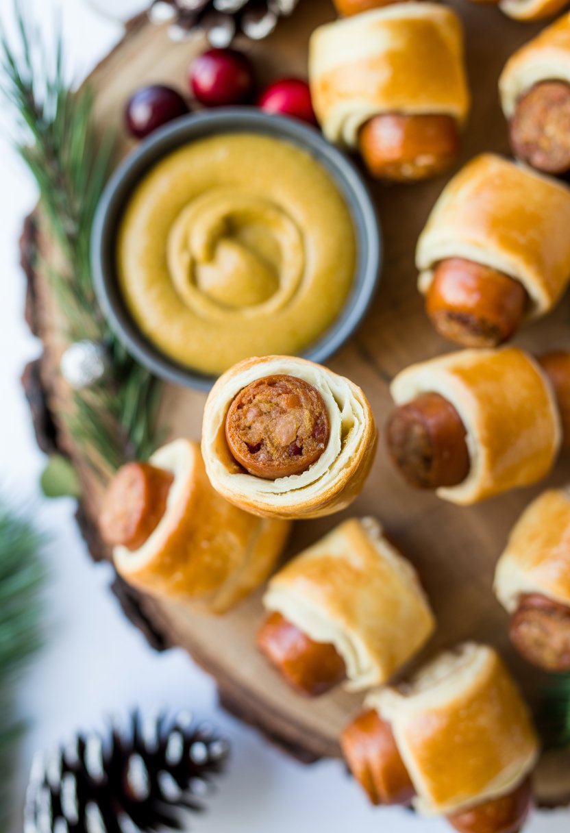 A plate of mini pigs in a blanket with a bowl of mustard dip on a rustic surface, surrounded by festive decorations.
