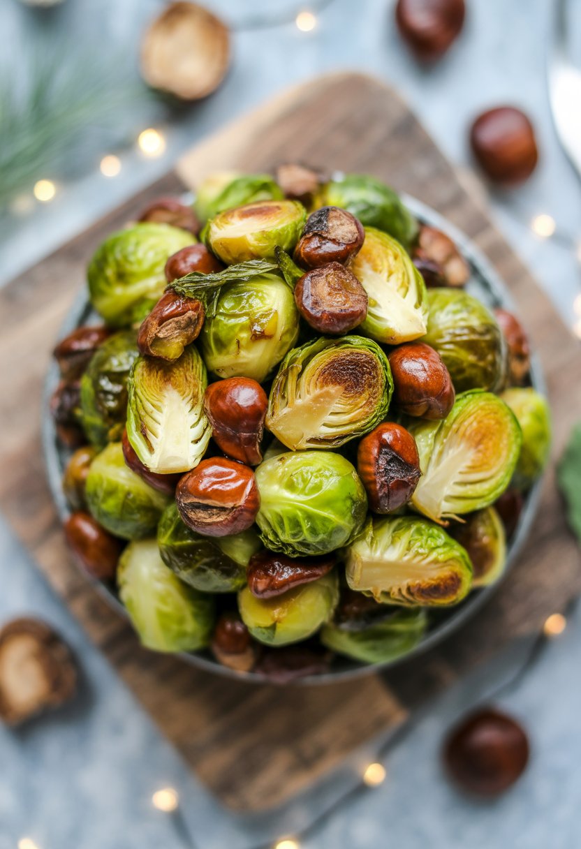 A close-up view of roasted Brussels sprouts and chestnuts on a rustic surface, with fresh herbs scattered around.