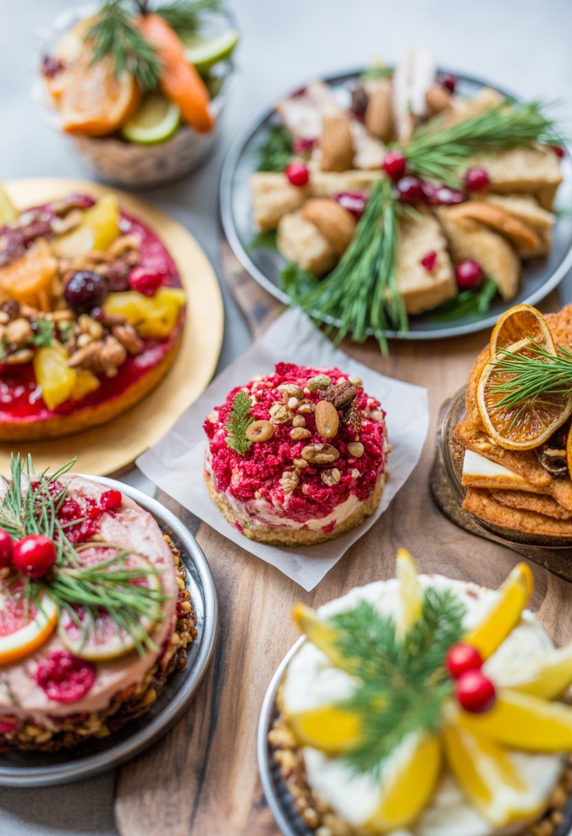 Six different Christmas party dishes arranged on a wooden or marble surface with fresh ingredients and festive garnishes.