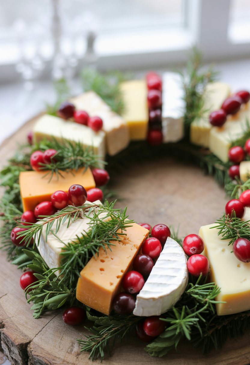 A circular cheese wreath decorated with cranberries and green herbs on a wooden surface.