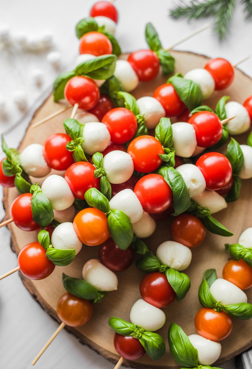 A plate of colorful Candy Cane Caprese Salad Skewers with cherry tomatoes, basil, and mozzarella on a rustic surface.