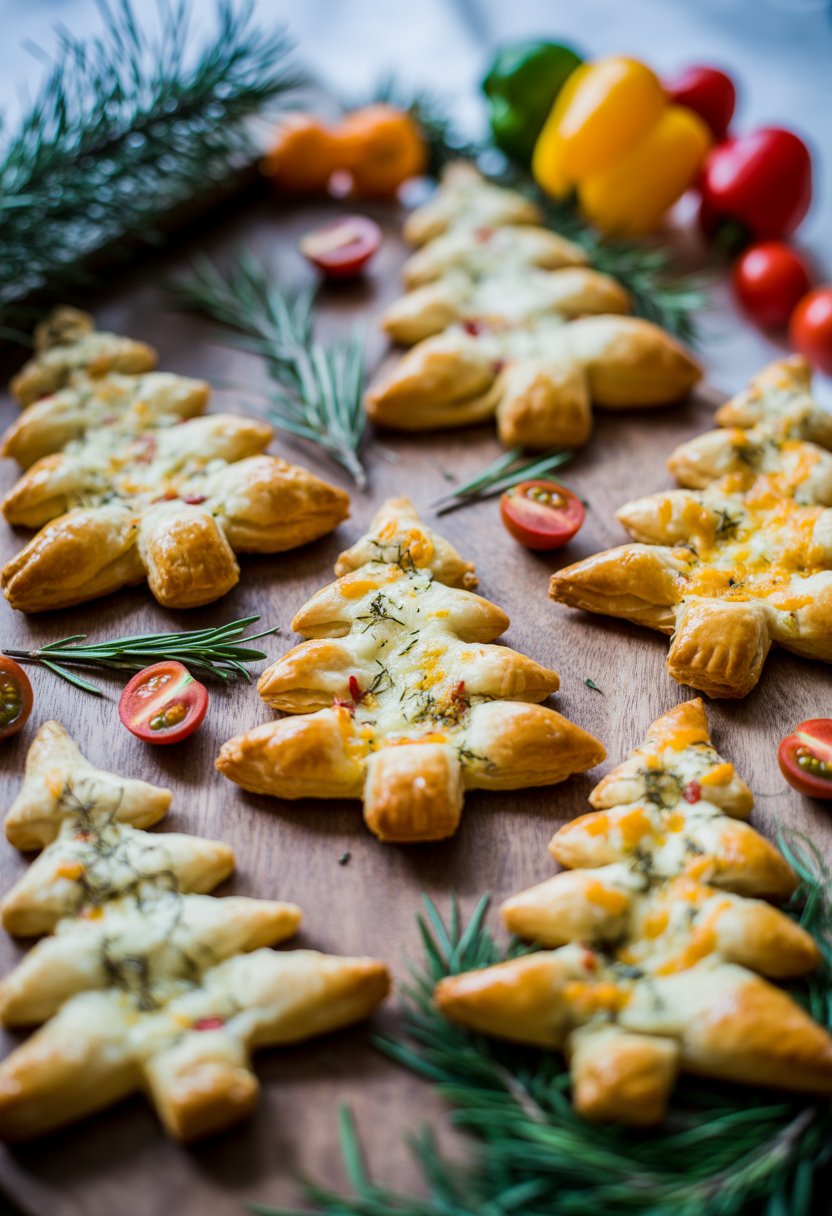 Six cheesy puff pastry Christmas trees arranged on a rustic wood surface with fresh herbs and vegetables around them.