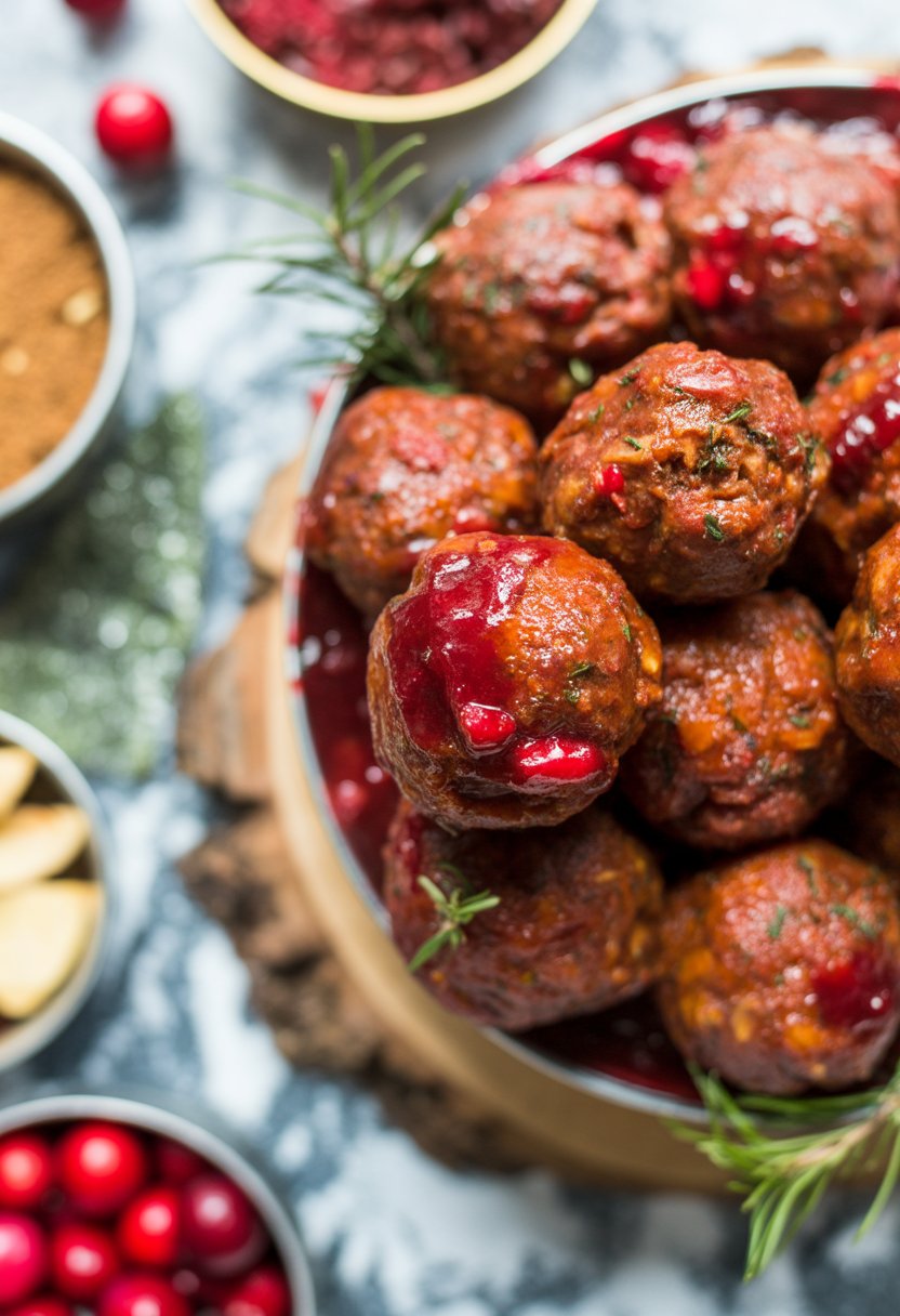 A plate of spiced cranberry meatballs garnished with fresh cranberries and herbs on a rustic wooden surface with festive decorations in the background.