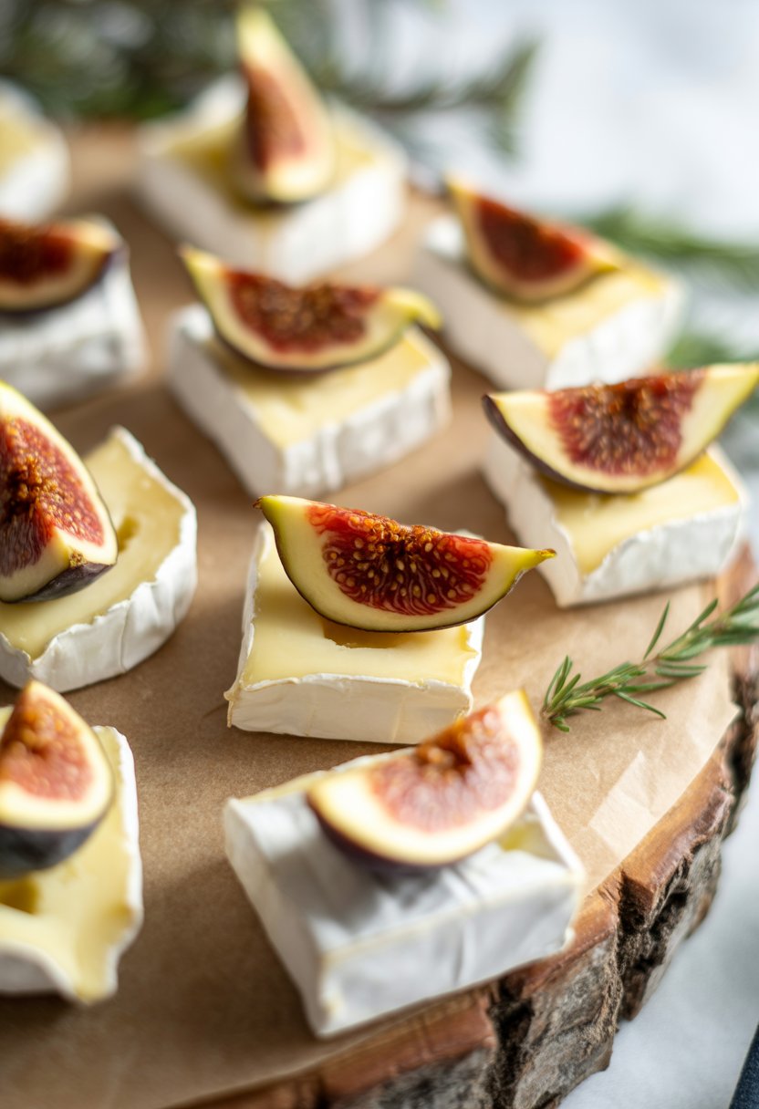 Close-up of mini Brie and fig bites arranged on a rustic wooden or marble surface with fresh herbs.
