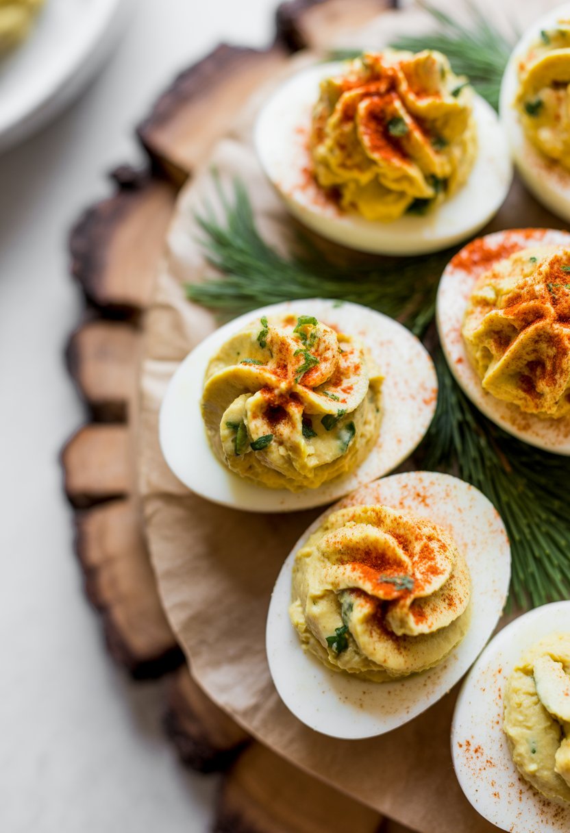 Close-up of deviled eggs topped with smoked paprika on a rustic surface, arranged for a holiday party.