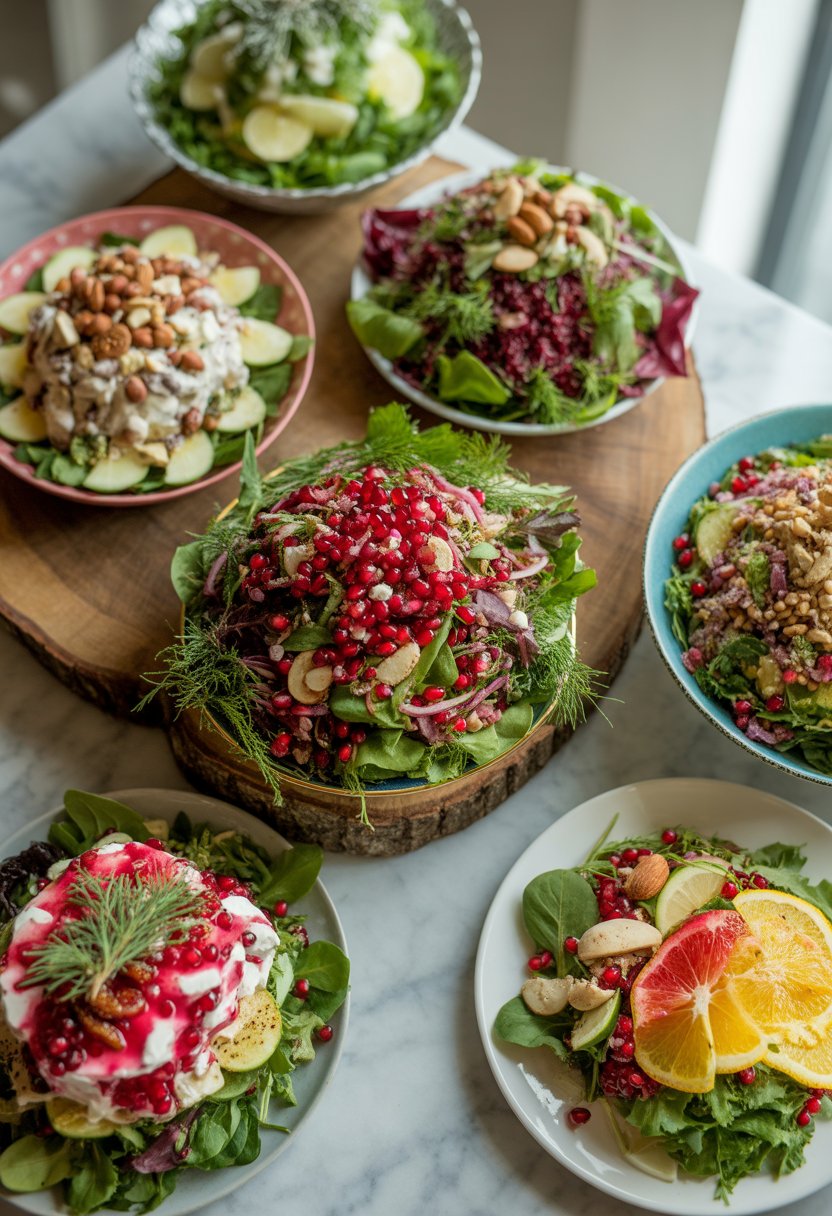 Seven different Christmas salads with fresh ingredients arranged on rustic wood and marble surfaces.