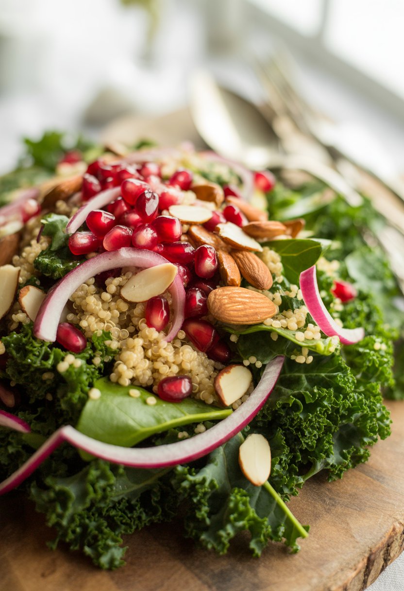 A bowl of kale and quinoa salad with pomegranate seeds and almonds on a rustic wooden surface.