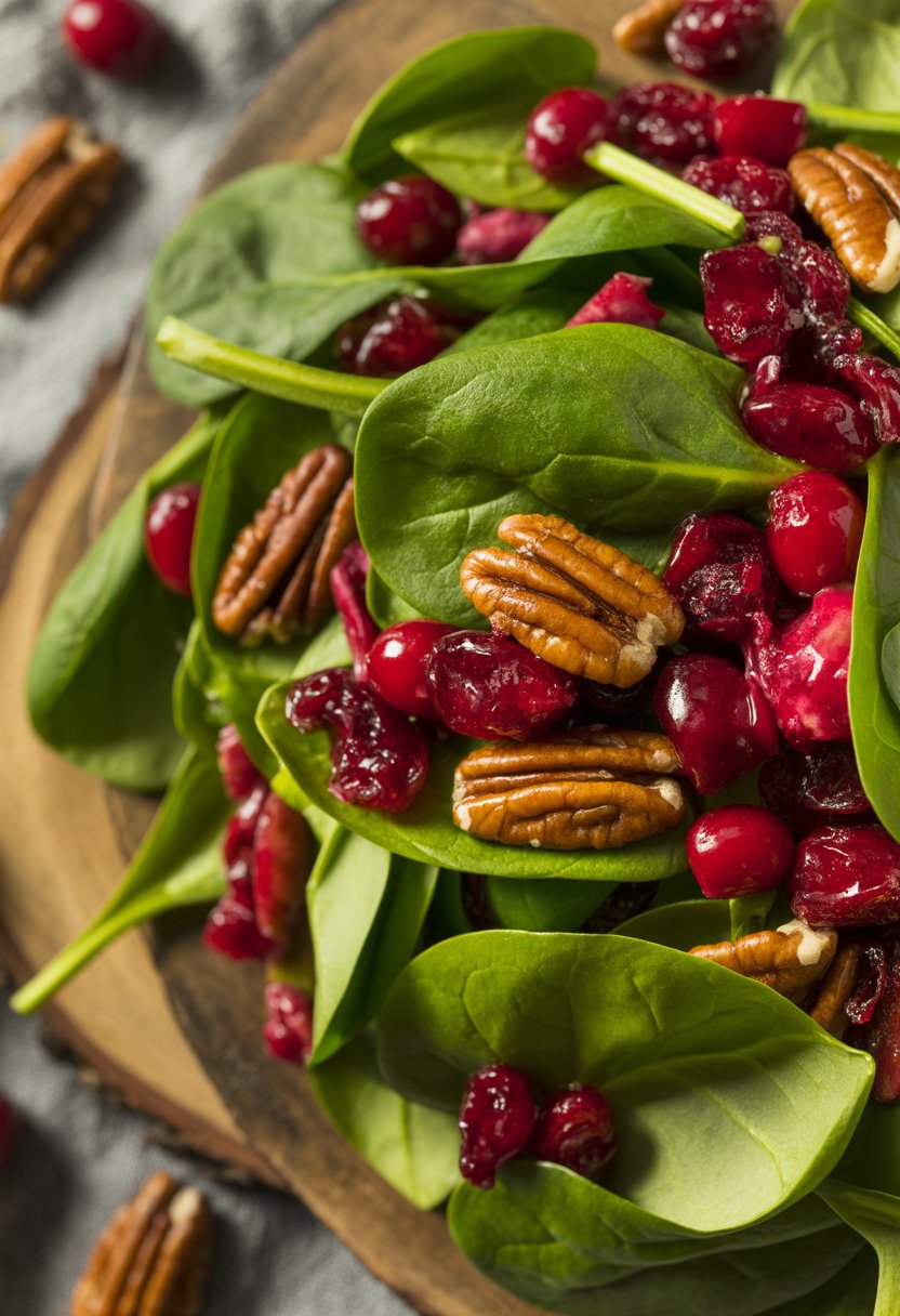 A bowl of cranberry spinach salad with candied pecans on a rustic surface, featuring fresh green spinach, red cranberries, and golden pecans.