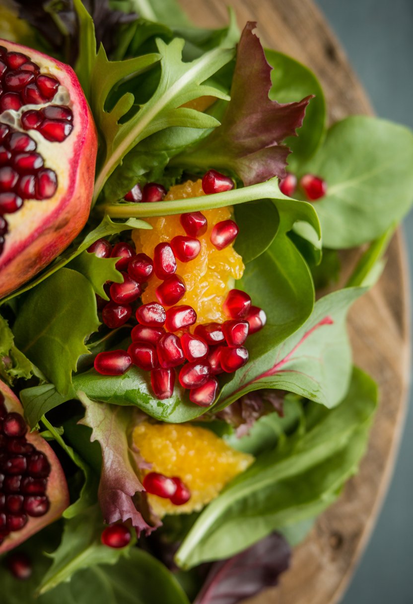 A bowl of pomegranate and mixed greens salad with citrus dressing on a rustic wood surface.