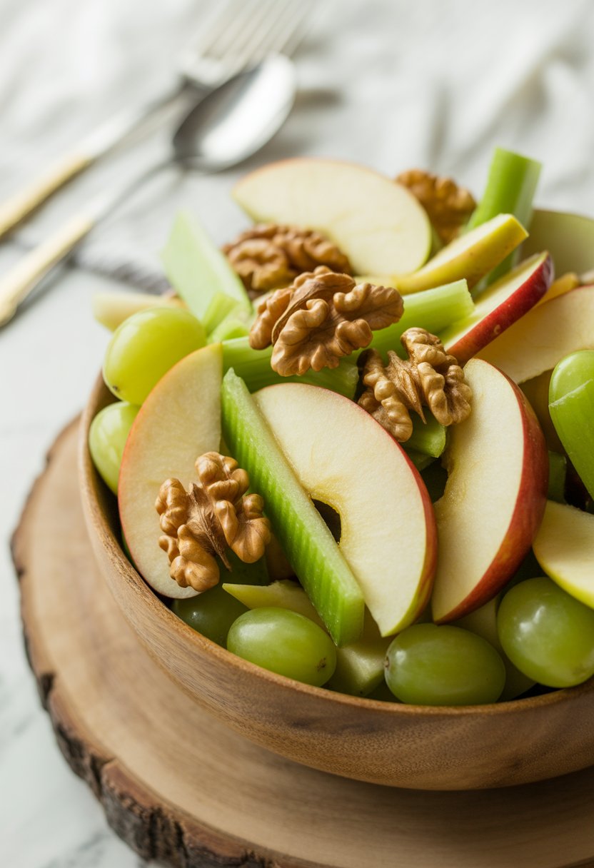 A bowl of Waldorf salad with sliced apples, celery, walnuts, and grapes on a wooden surface.
