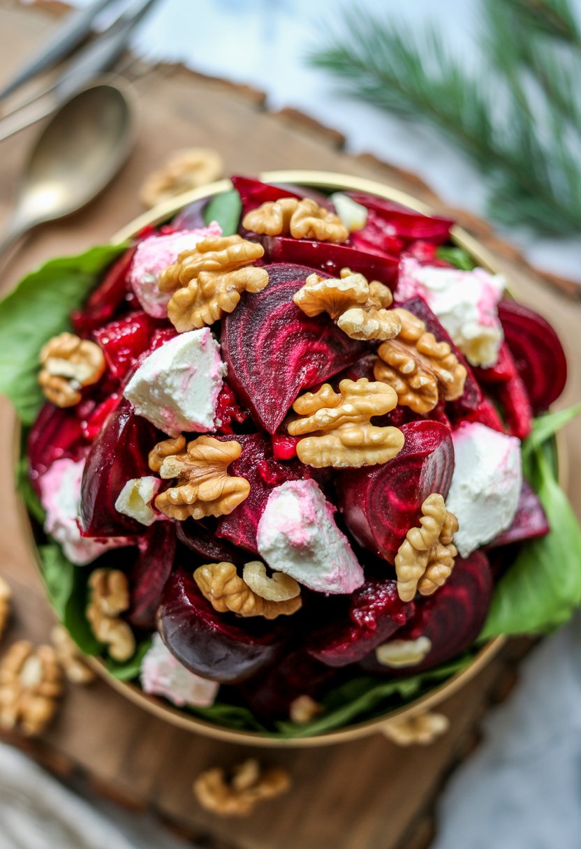 A bowl of roasted beet and goat cheese salad with walnuts on a rustic wooden surface.