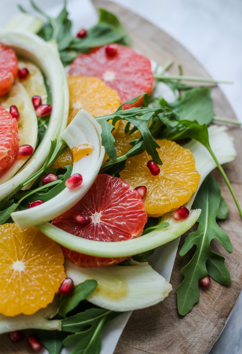 A bowl of winter citrus salad with fennel and arugula on a rustic surface, featuring bright orange and pink citrus slices, green arugula, and thin fennel slices.