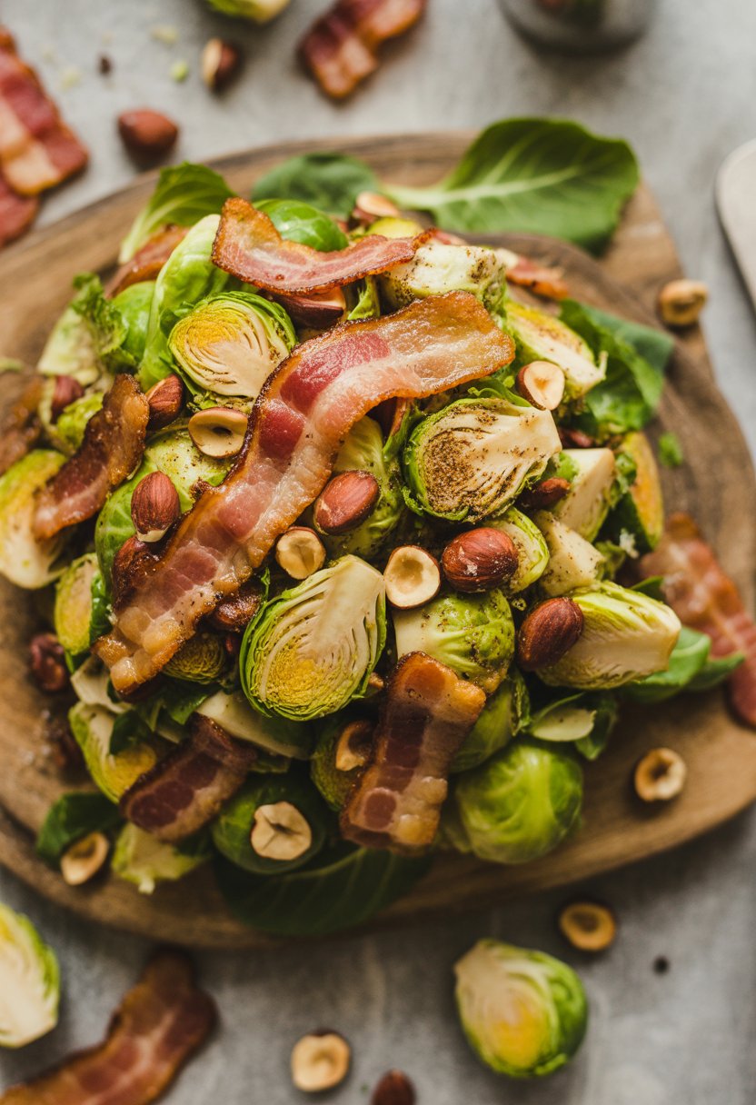 A bowl of warm Brussels sprouts salad with bacon and hazelnuts on a rustic surface.