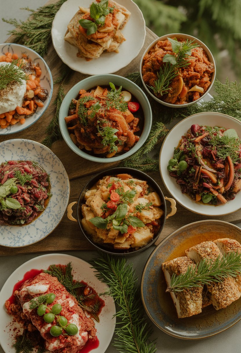 A top or angled view of eight colorful Christmas side dishes arranged on a rustic wood or marble surface.