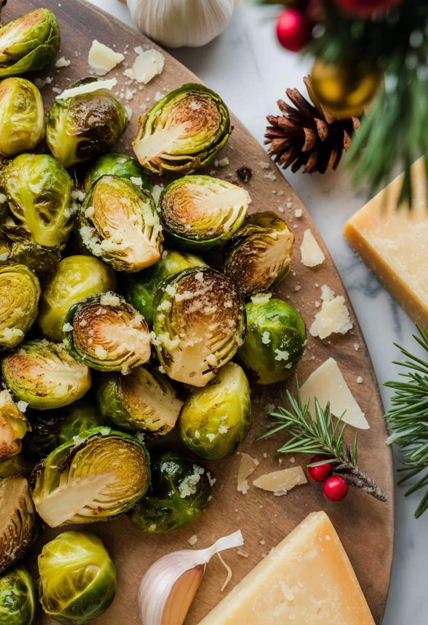 A plate of golden roasted Brussels sprouts with garlic and Parmesan on a rustic surface, surrounded by fresh herbs and ingredients.