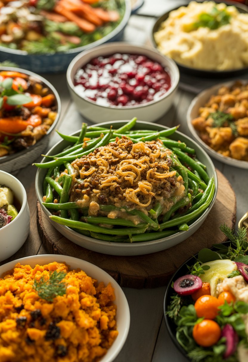 A classic green bean casserole and seven other Christmas side dishes arranged on a rustic surface.
