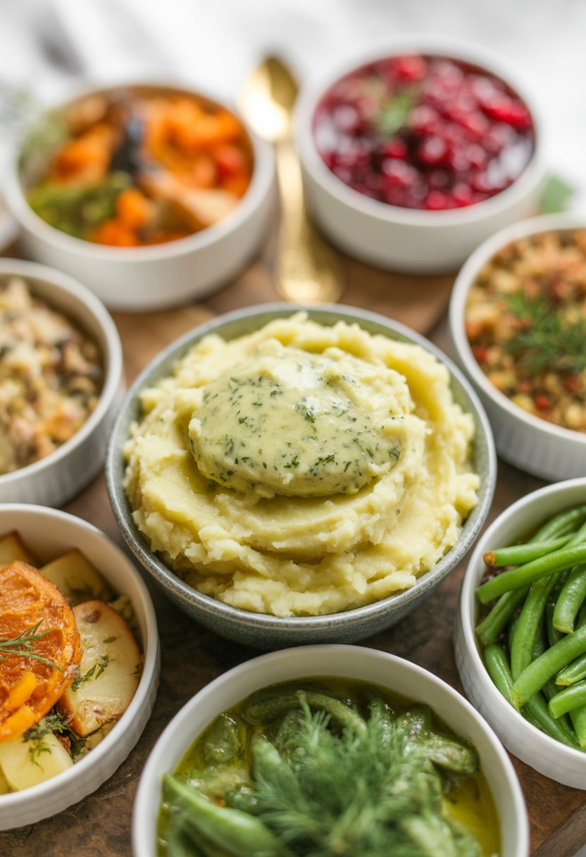 A bowl of creamy mashed potatoes with herb butter surrounded by seven other Christmas side dishes on a rustic surface.