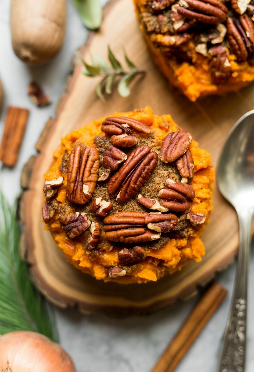 A sweet potato casserole topped with pecans on a rustic surface, surrounded by fresh ingredients.
