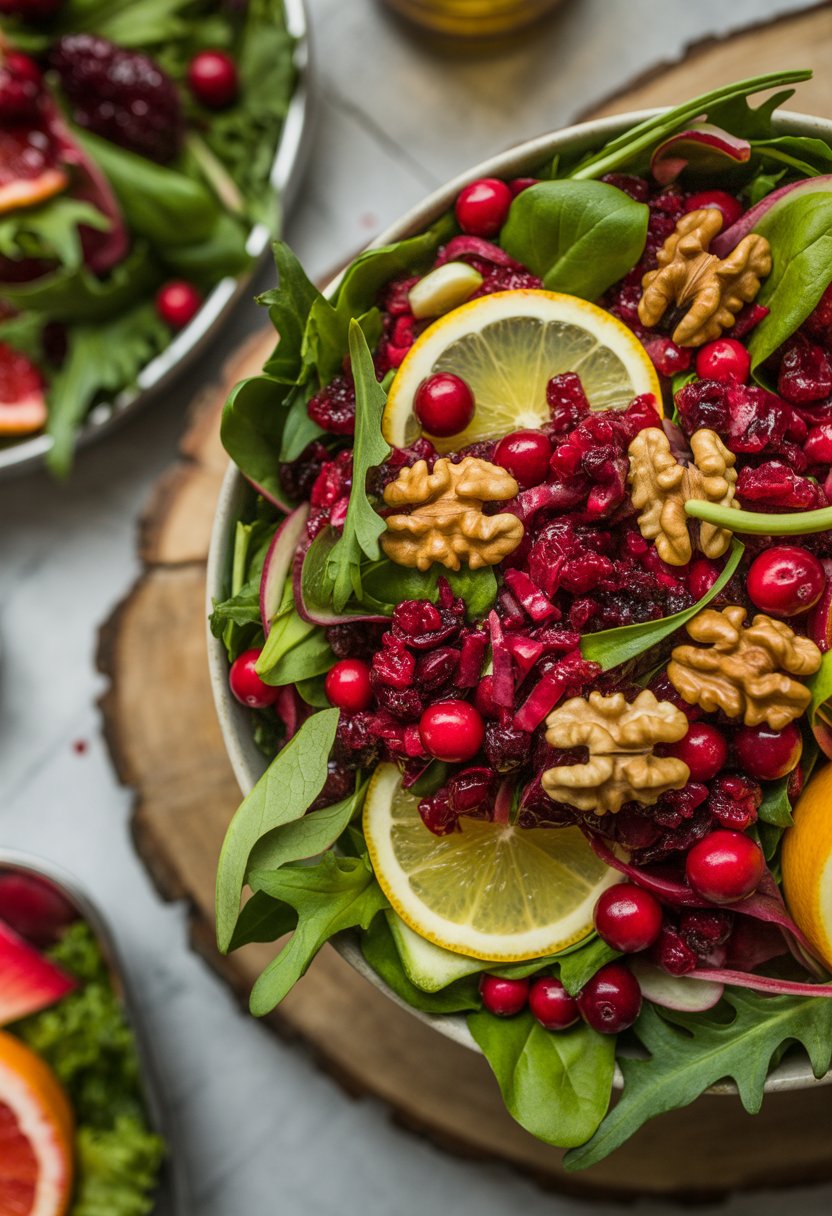A bowl of cranberry walnut salad with citrus slices and mixed greens on a rustic surface, surrounded by several Christmas side dishes.
