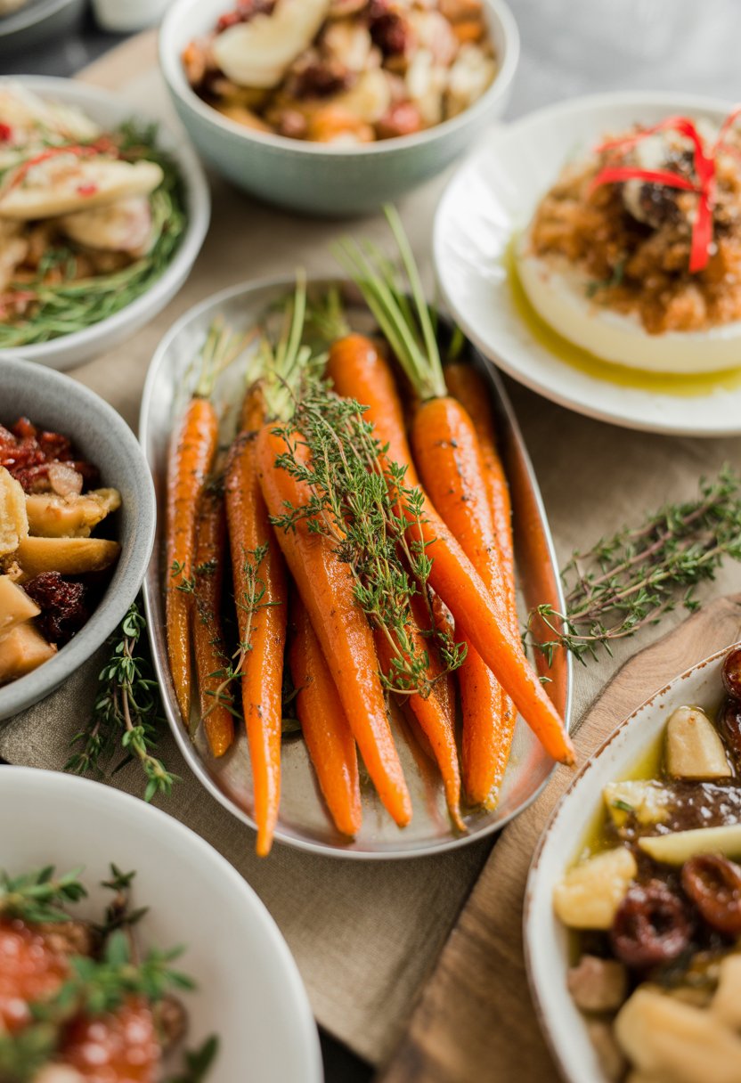 A plate of honey glazed carrots garnished with fresh thyme, surrounded by other Christmas side dishes on a rustic surface.