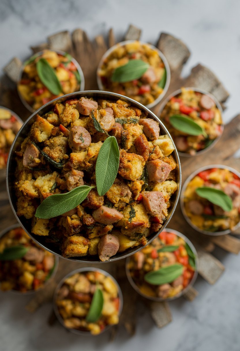 A festive holiday spread featuring a plate of stuffing with sausage and fresh sage, surrounded by seven other Christmas side dishes on a rustic wood or marble surface.