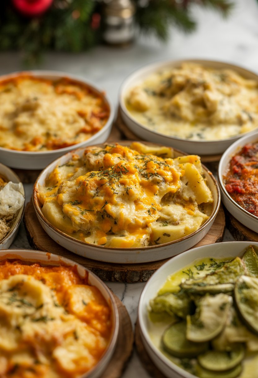 A serving of cheesy scalloped potatoes on a rustic surface with other Christmas side dishes in the background.