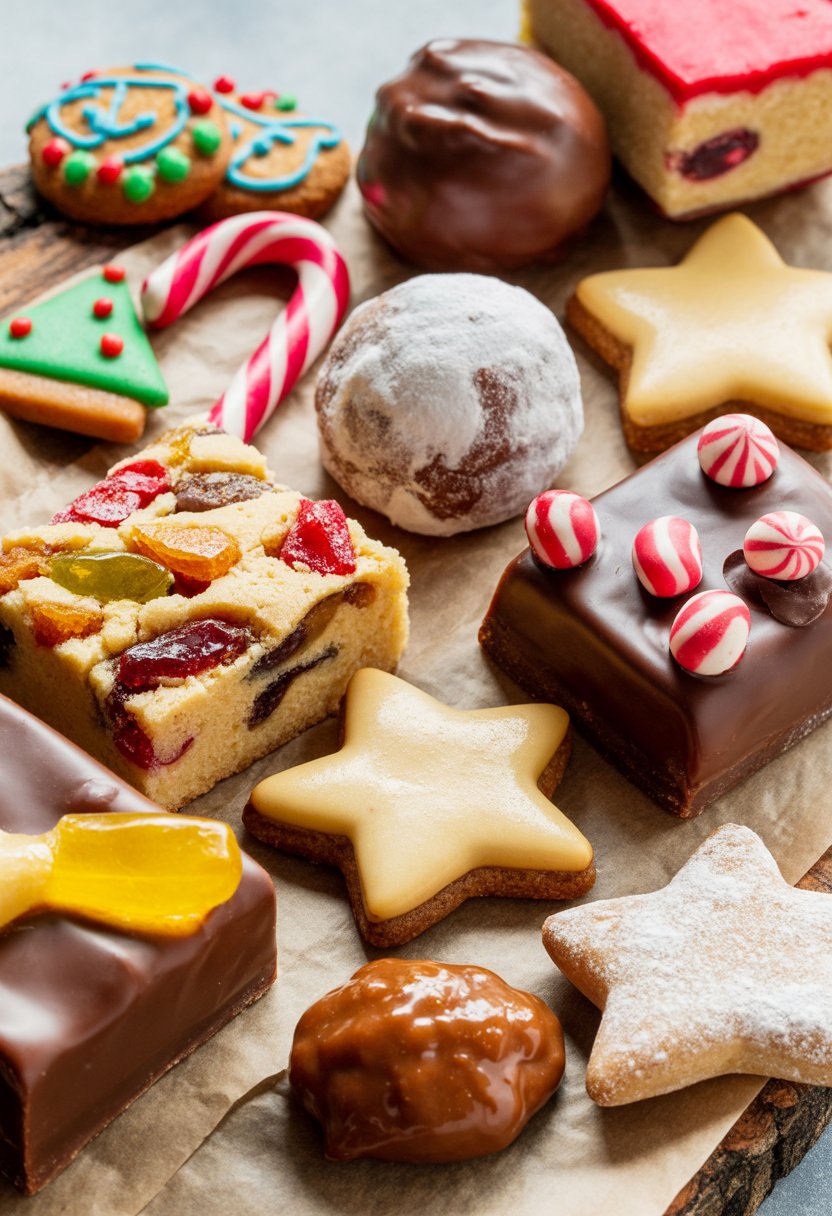 Nine assorted Christmas sweets arranged on a rustic surface, including decorated gingerbread cookies, chocolate truffles, powdered sugar cookies, peppermint bark, fruitcake slices, cinnamon star cookies, fudge squares, marzipan fruits, and shortbread cookies.