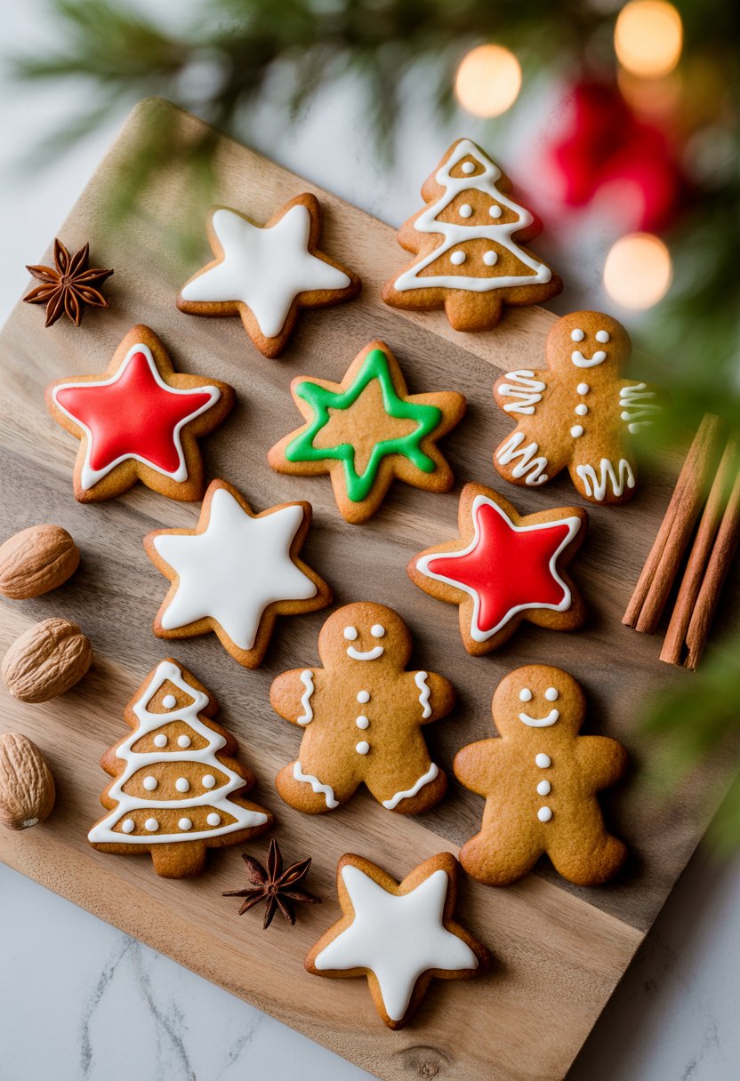 Nine decorated gingerbread cookies on a rustic surface surrounded by cinnamon sticks and spices.