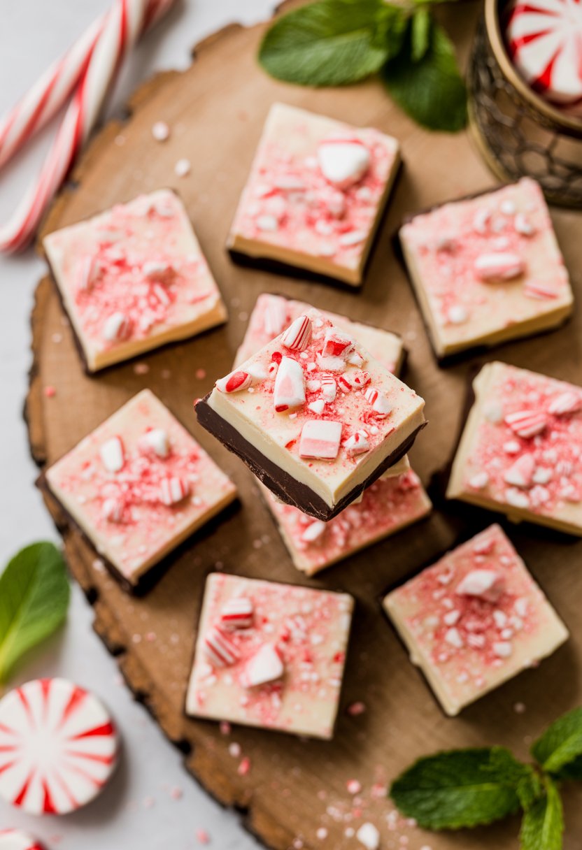 Nine pieces of peppermint bark on a rustic surface with peppermint leaves and crushed candy canes around them.