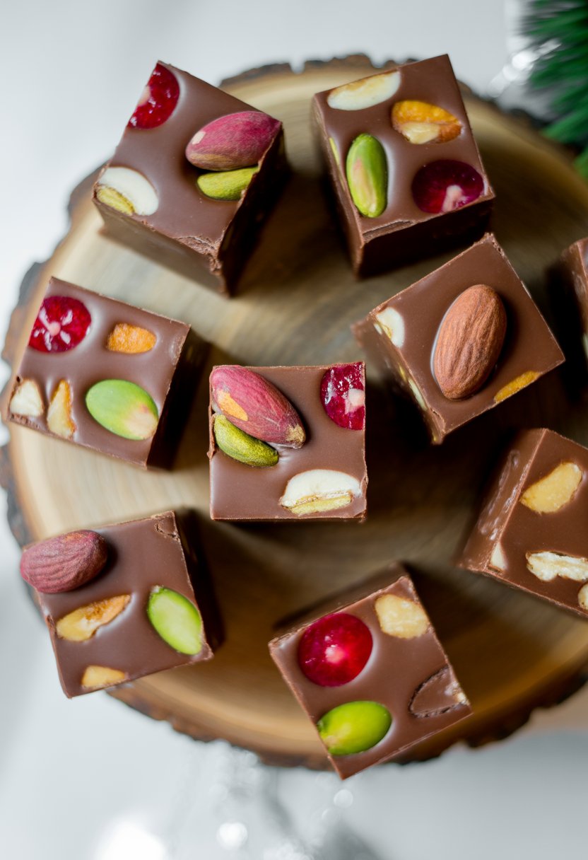 Nine pieces of no-bake chocolate fudge arranged on a rustic surface with festive garnishes.