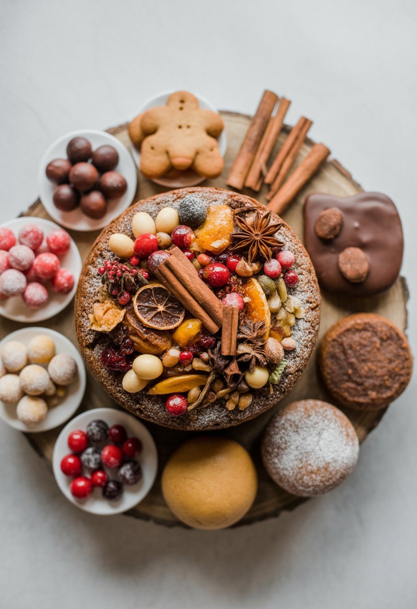 A spiced Christmas cake surrounded by nine different Christmas sweets on a rustic surface.