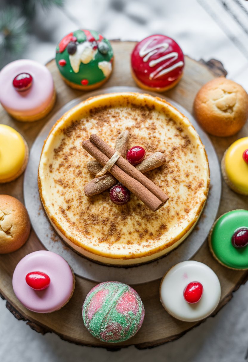 A creamy eggnog cheesecake surrounded by nine different Christmas sweets on a rustic surface.