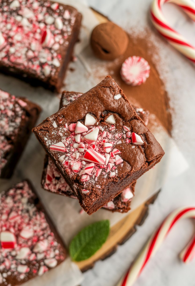 Close-up of candy cane brownies topped with crushed candy canes on a wooden or marble surface with blurred background.