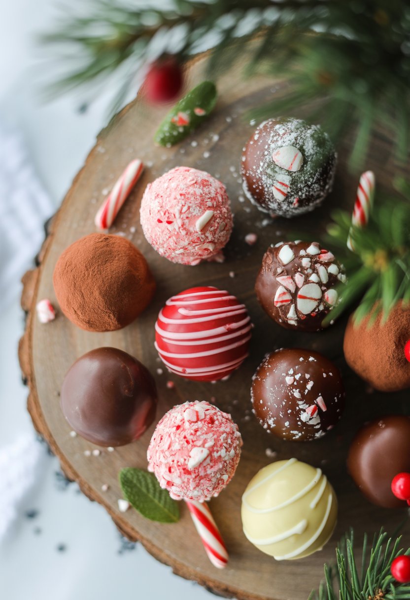 Nine holiday peppermint truffles arranged on a rustic surface surrounded by peppermint leaves, pine branches, and red berries.