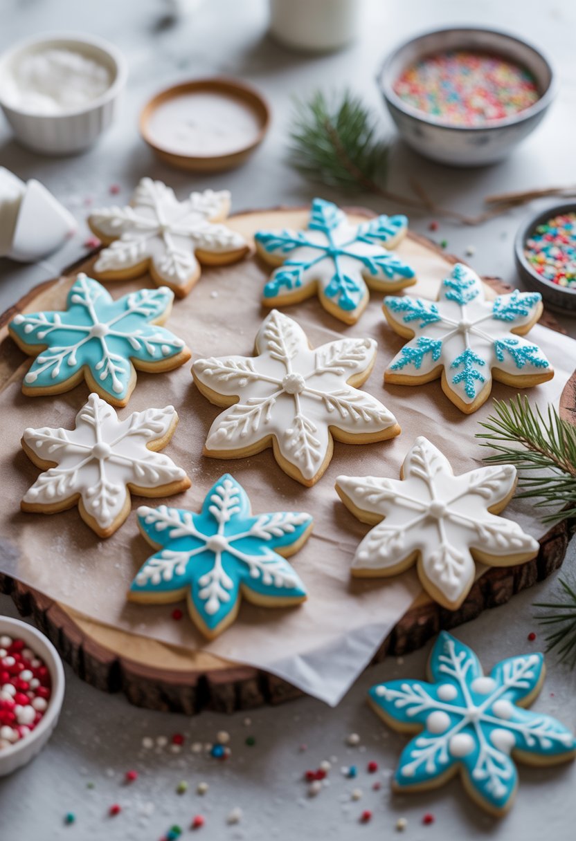 Nine decorated sugar cookie snowflakes arranged on a wooden or marble surface with festive decorations around them.