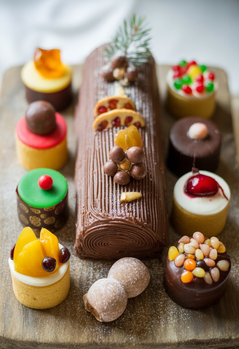 A Yule Log cake surrounded by nine different Christmas sweets arranged on a rustic surface.