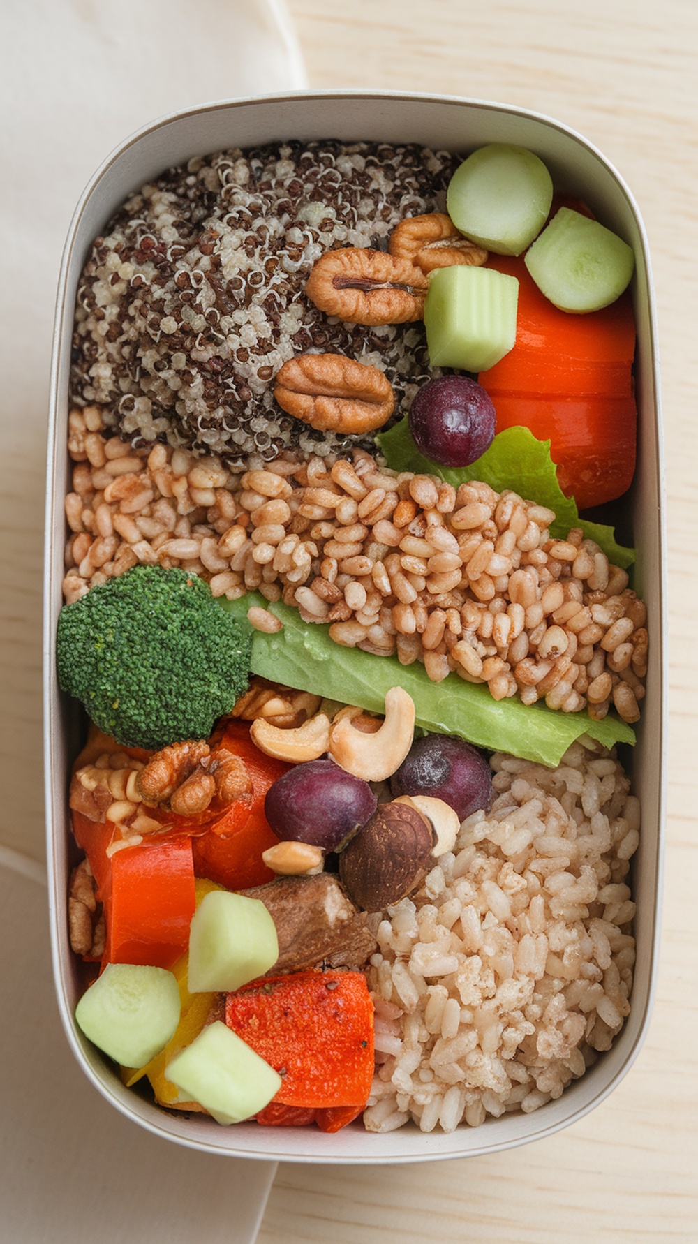 A bento box filled with quinoa, barley, brown rice, assorted vegetables, and mixed nuts.