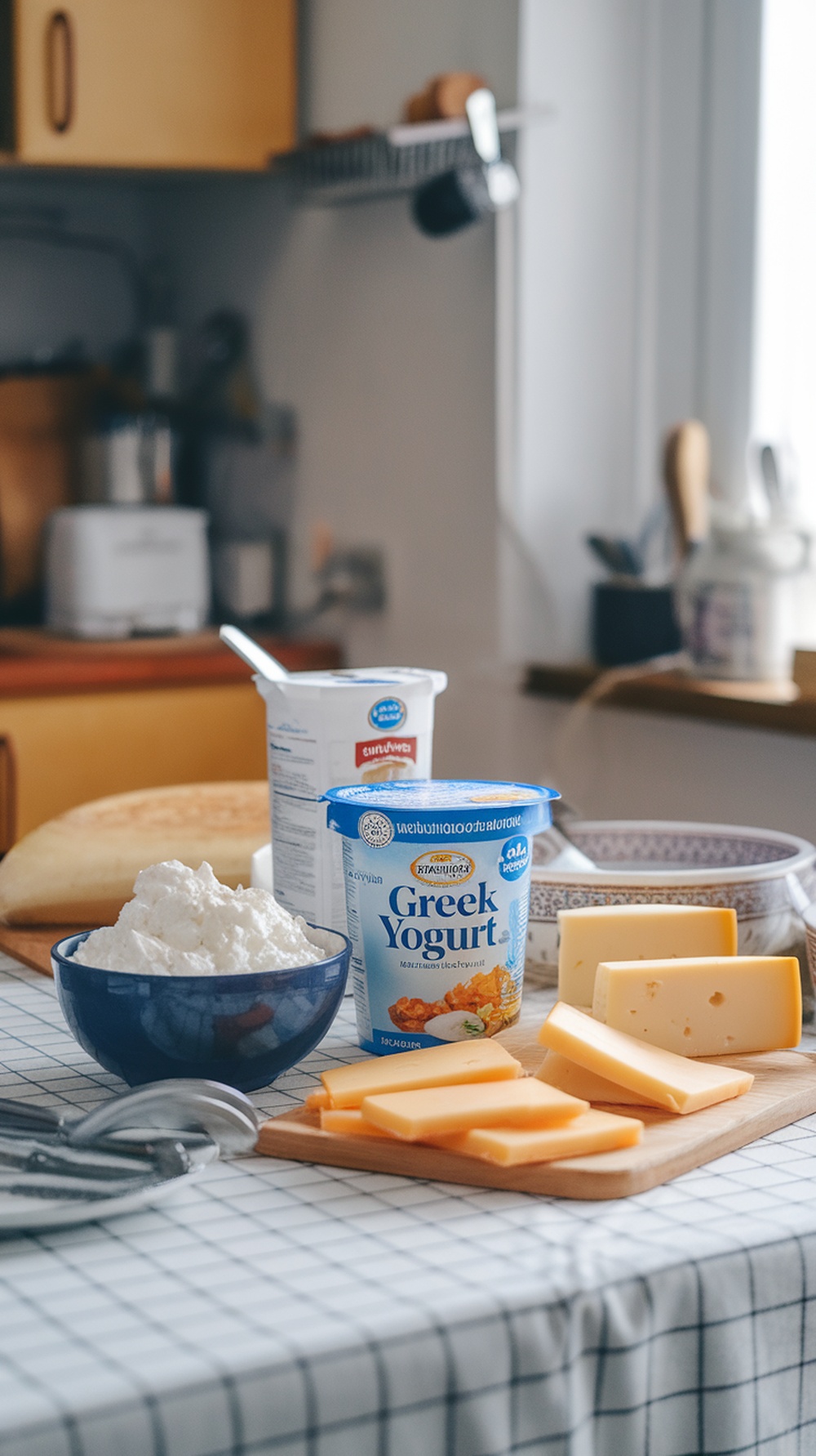 A variety of dairy products including Greek yogurt, cottage cheese, and slices of cheese on a kitchen table.