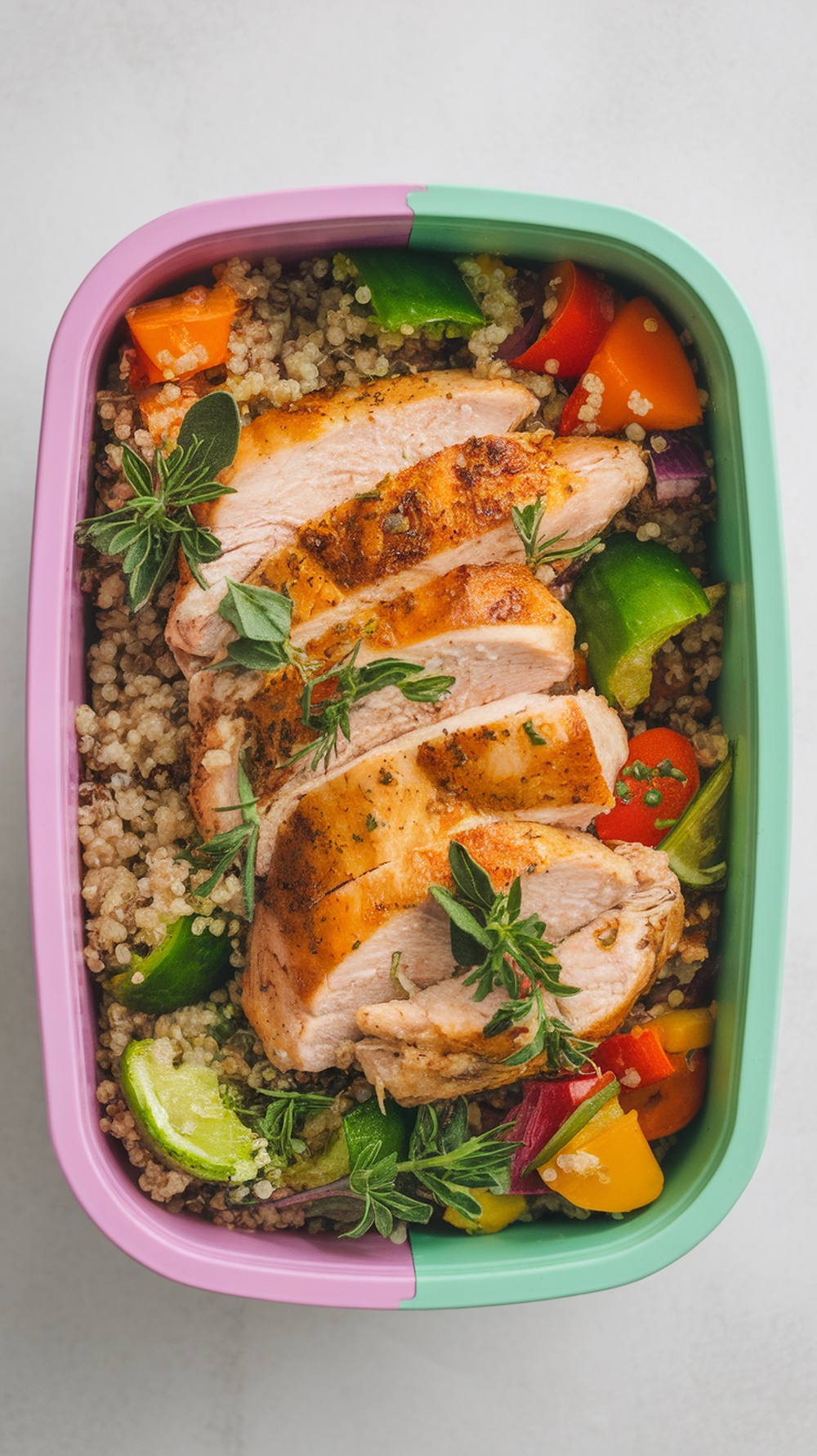 A colorful meal prep container filled with quinoa, grilled chicken, and assorted vegetables.