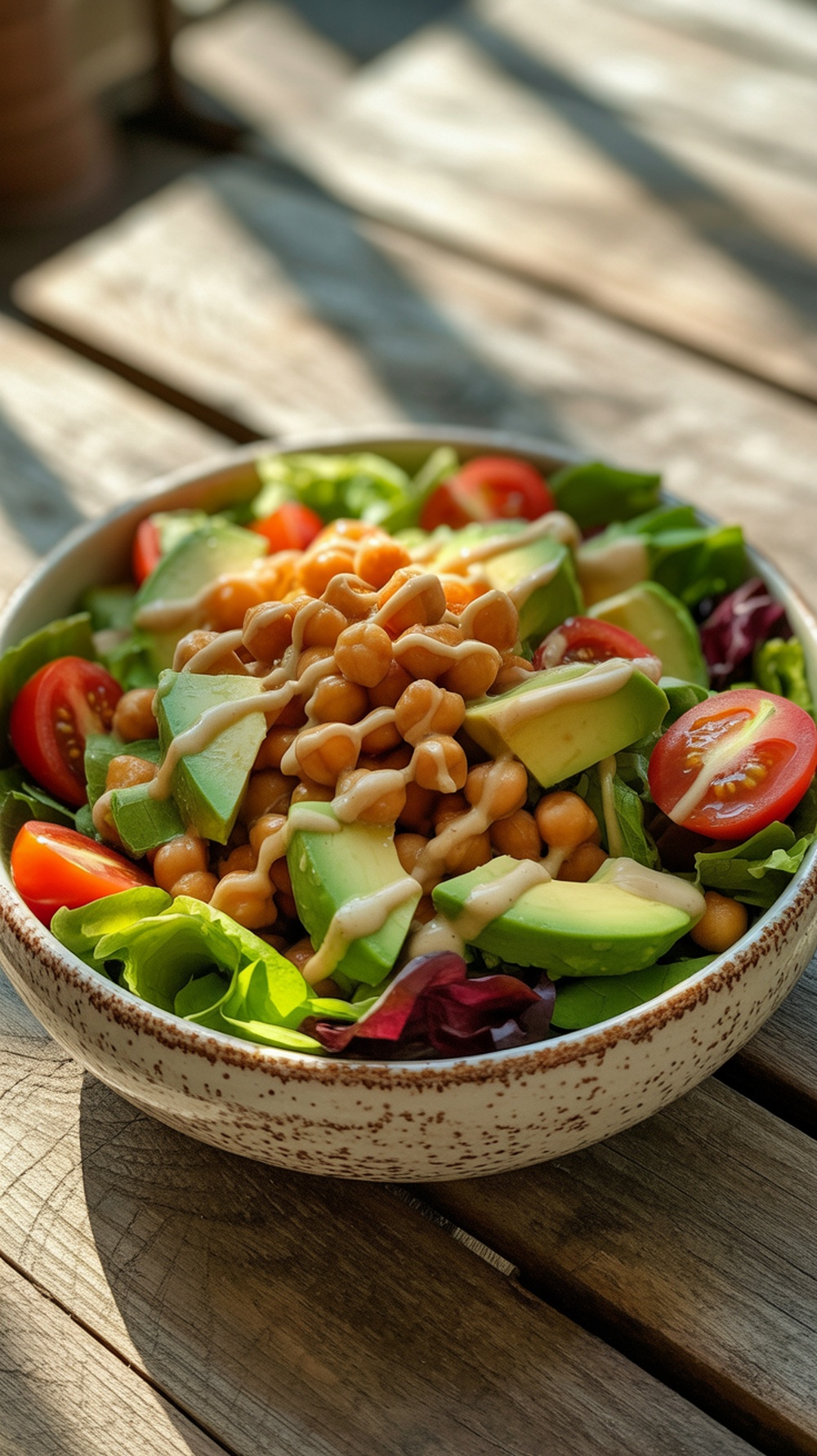 A bowl of crispy chickpea and avocado salad with mixed greens and cherry tomatoes.