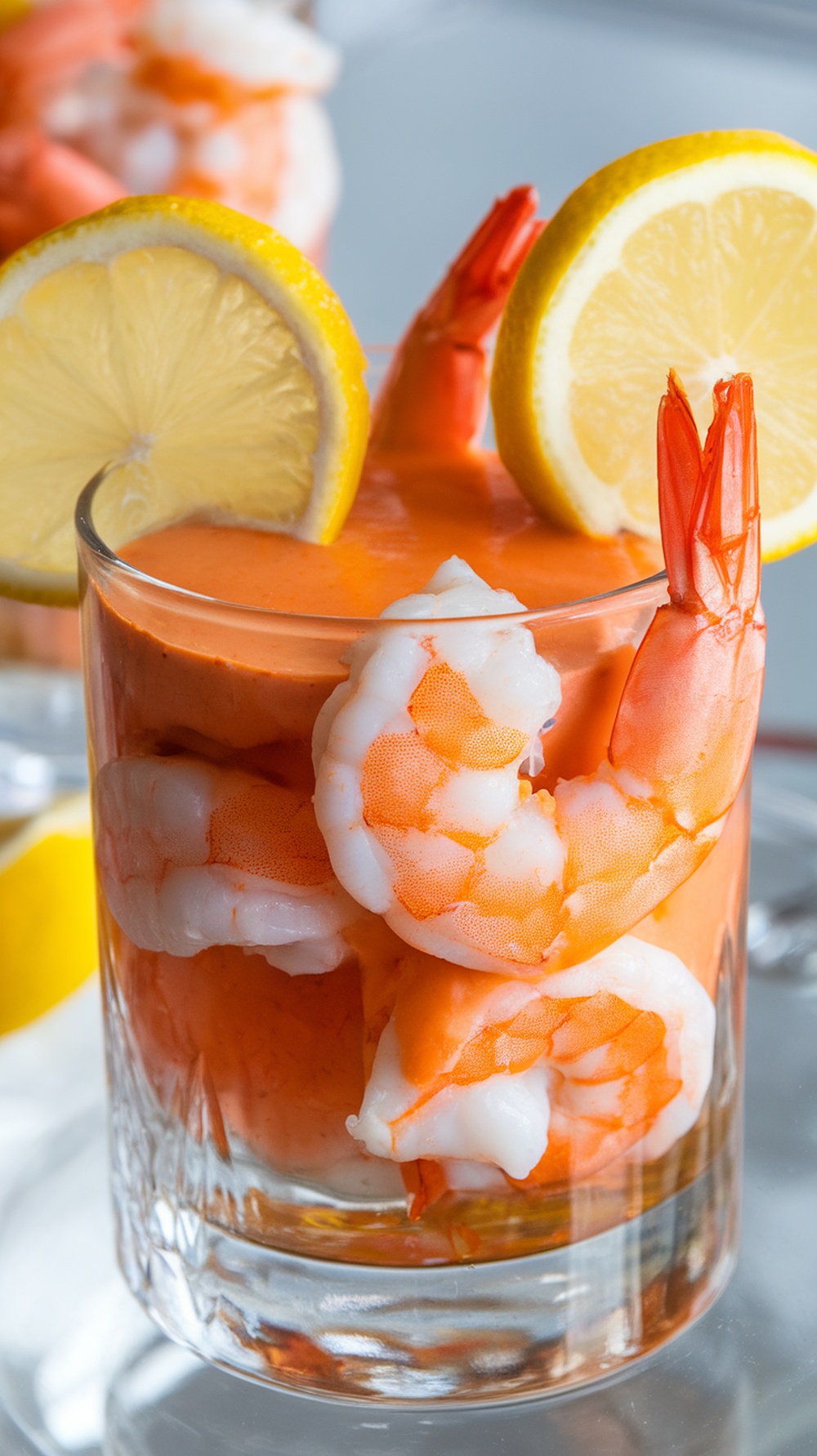 A delicious shrimp cocktail served in a glass with lemon slices.