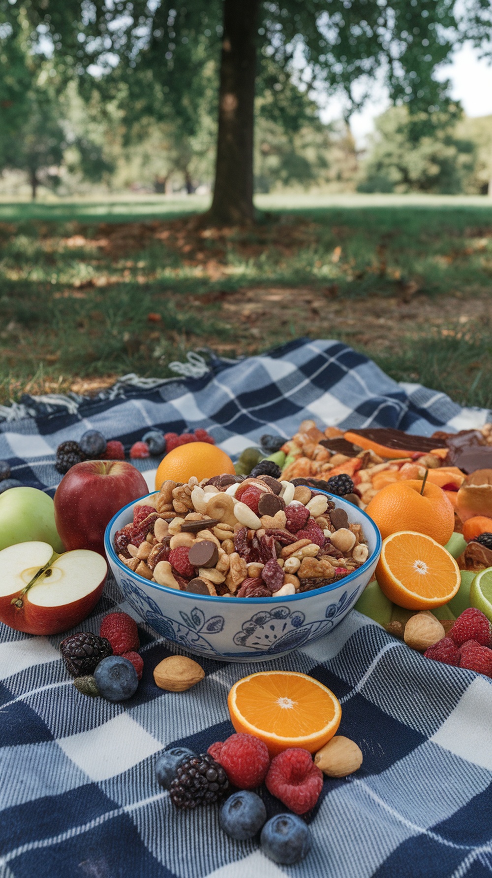 A bowl of homemade trail mix with nuts and dried fruit surrounded by fresh fruits on a picnic blanket.