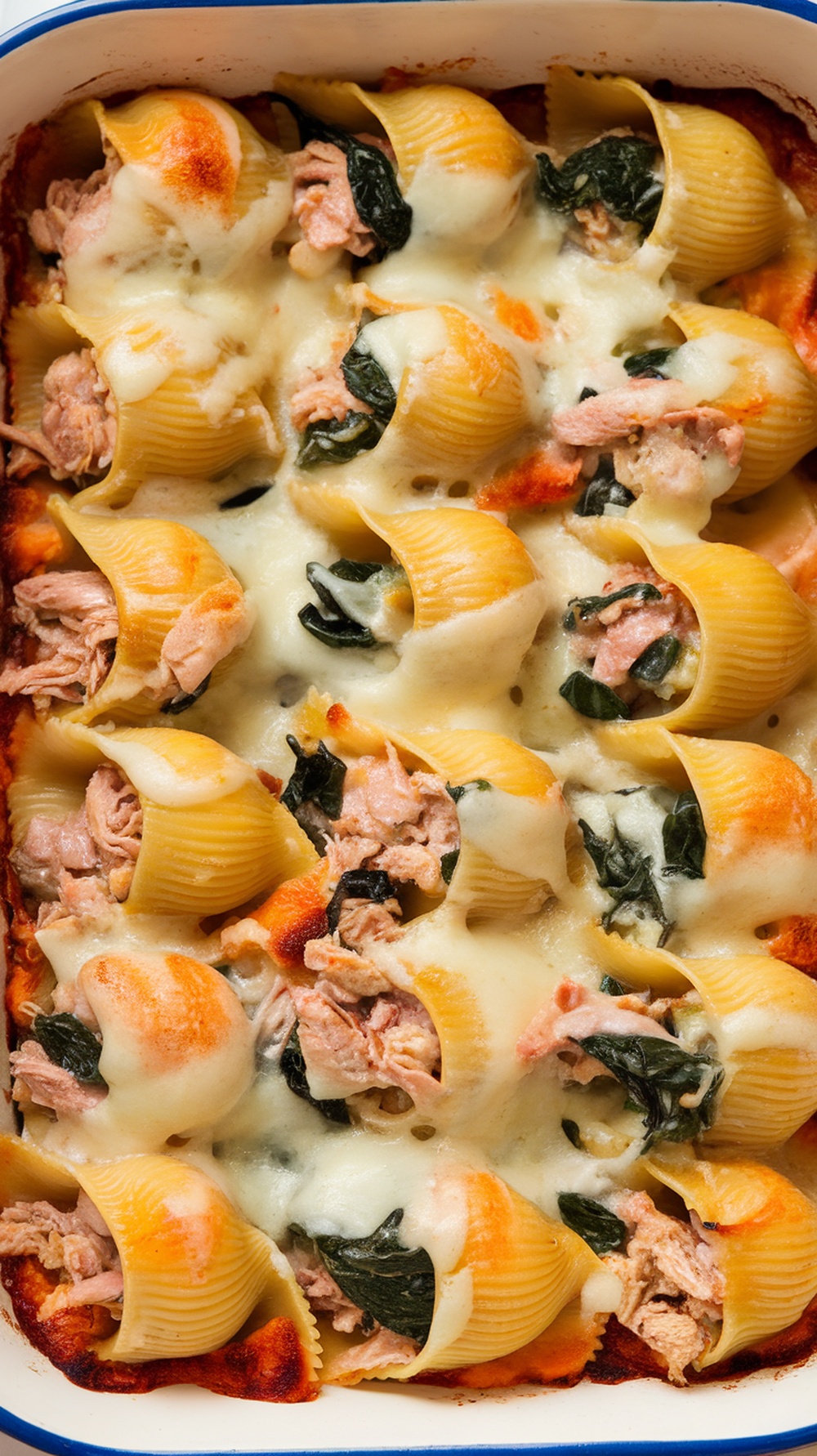 A baking dish filled with cheesy turkey and spinach stuffed shells, topped with melted mozzarella cheese.