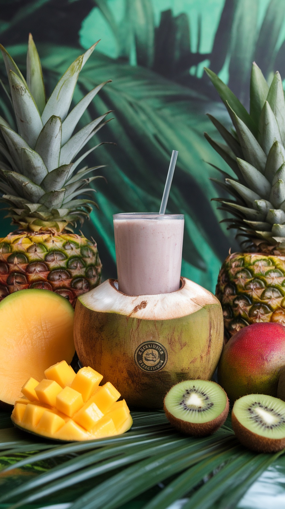 A refreshing coconut water protein drink surrounded by tropical fruits like pineapple, mango, and kiwi.