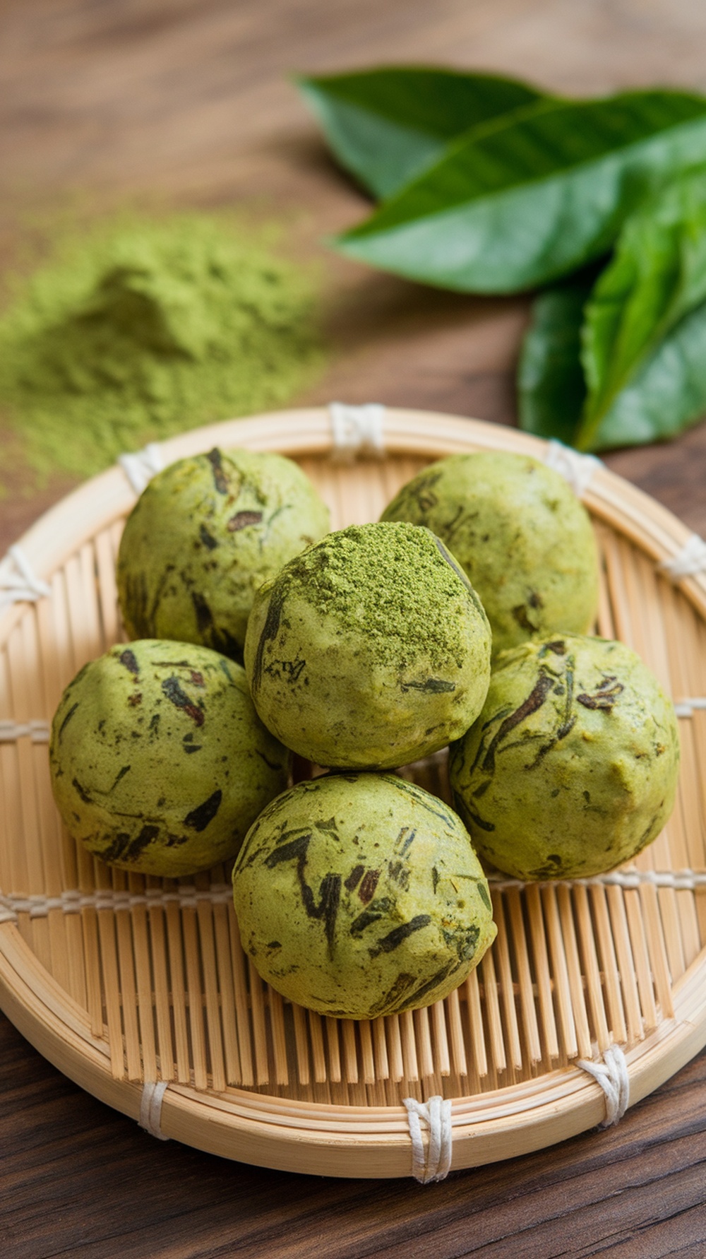 A plate of matcha green tea protein bites surrounded by matcha powder and green tea leaves.