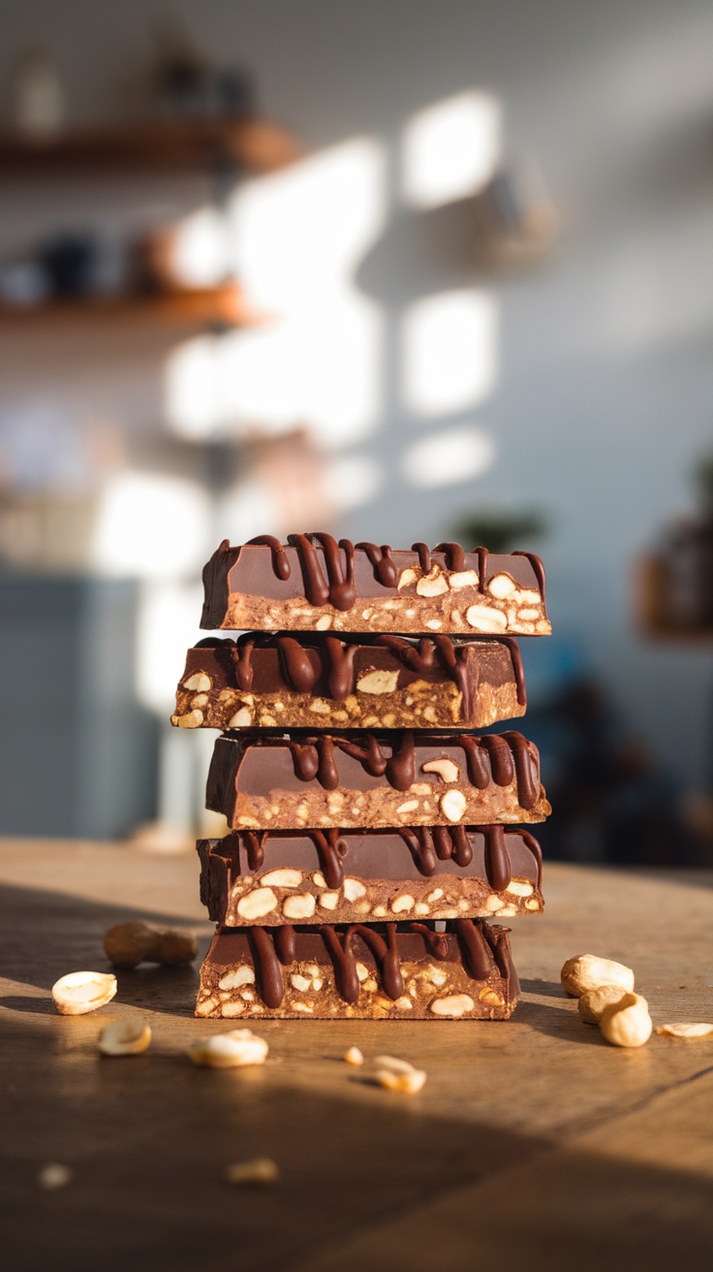 Stack of chocolate peanut butter bliss bars with a drizzle of chocolate on top